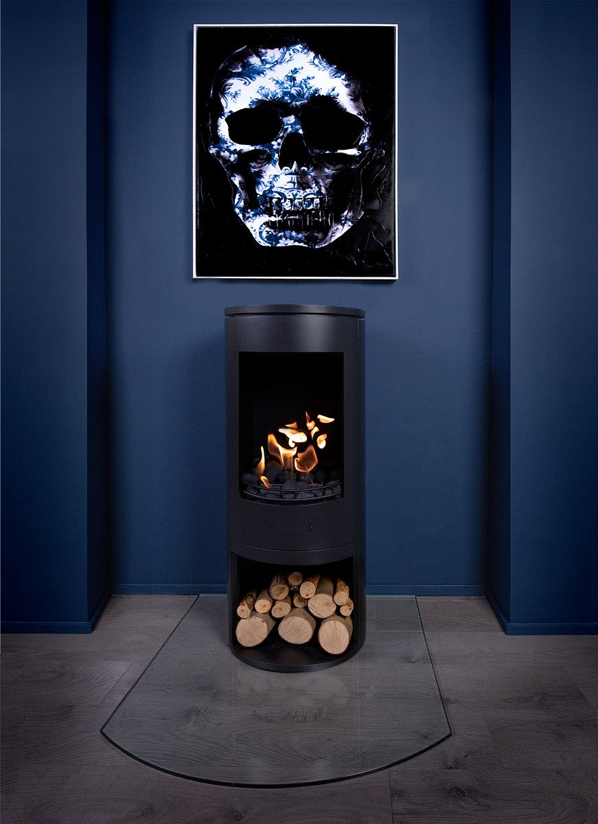 CYLINDER Black Modern XL Bioethanol Stove on display with painting above