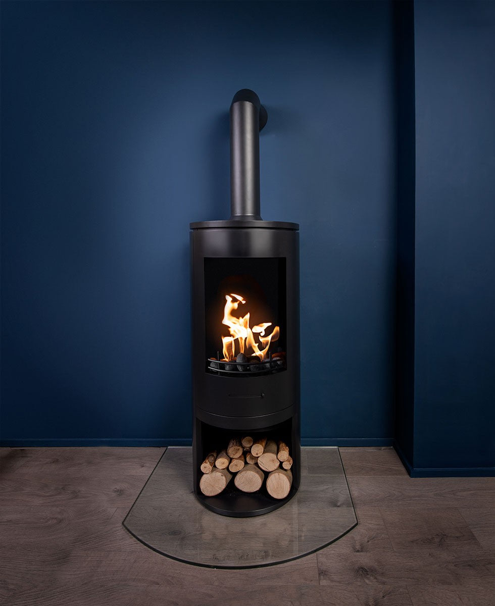 CYLINDER Black Modern XL Bioethanol Stove on display with pipe