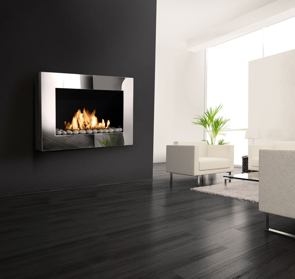 PHANTOM Mirrored Bioethanol Fireplace with white pebbles in living room