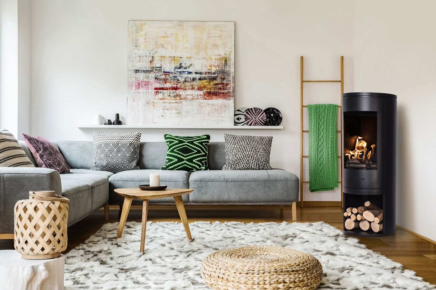 CYLINDER Black Modern XL Bioethanol Stove in contemporary living room