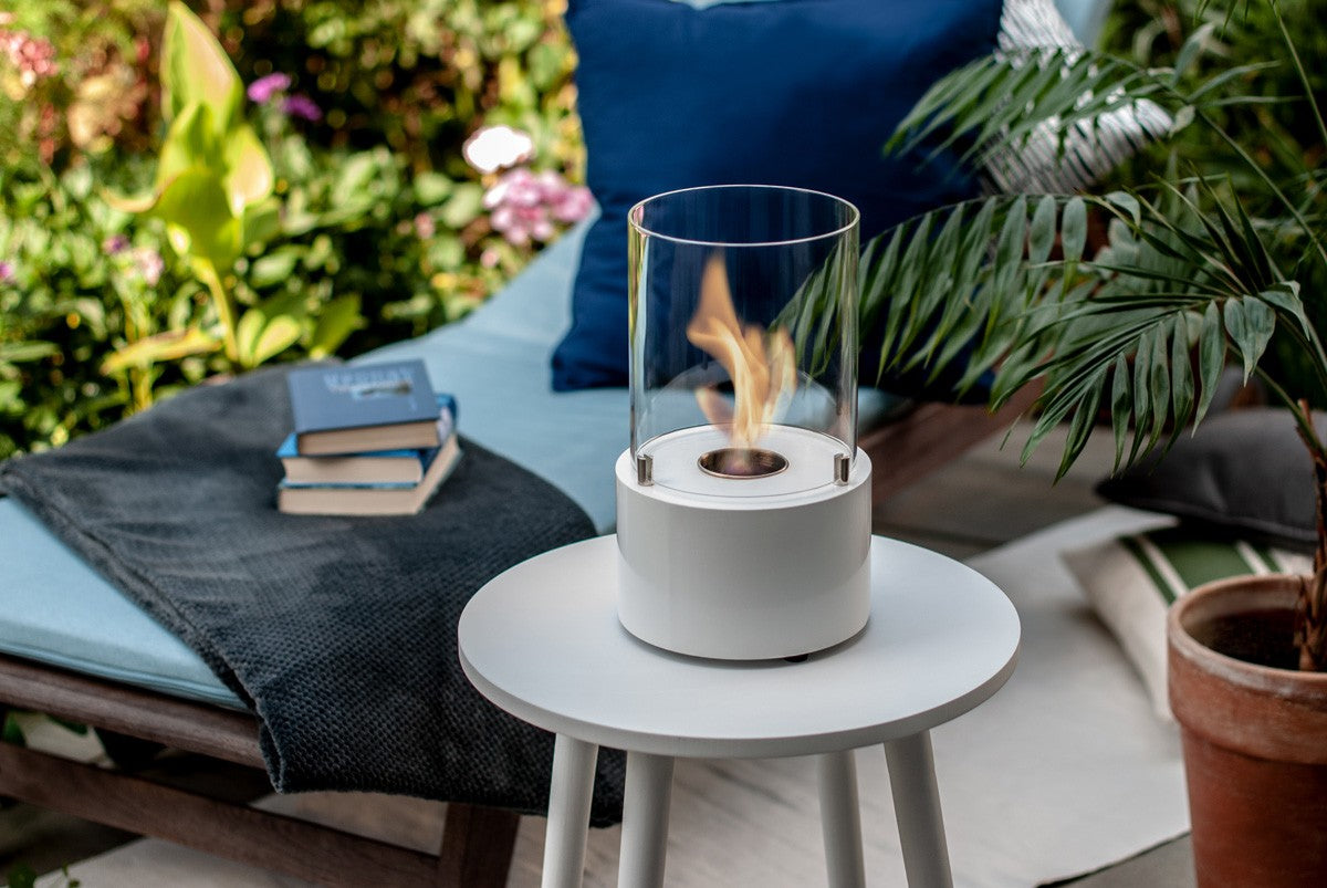 SORRENTO White Bioethanol Burner on outdoor garden tea table 