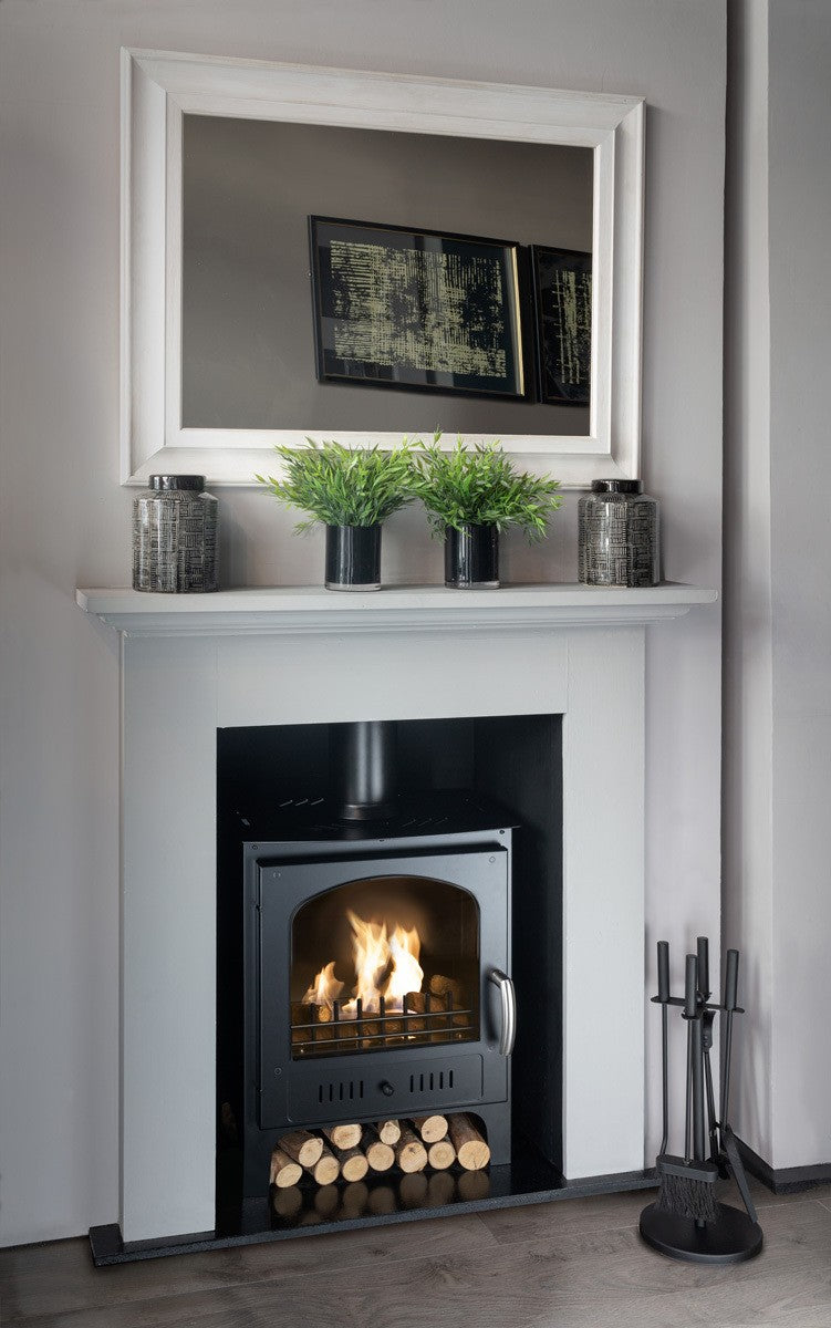 SLIMLINE Black Bioethanol Stove inside pre-existing fireplace with white mantelpiece
