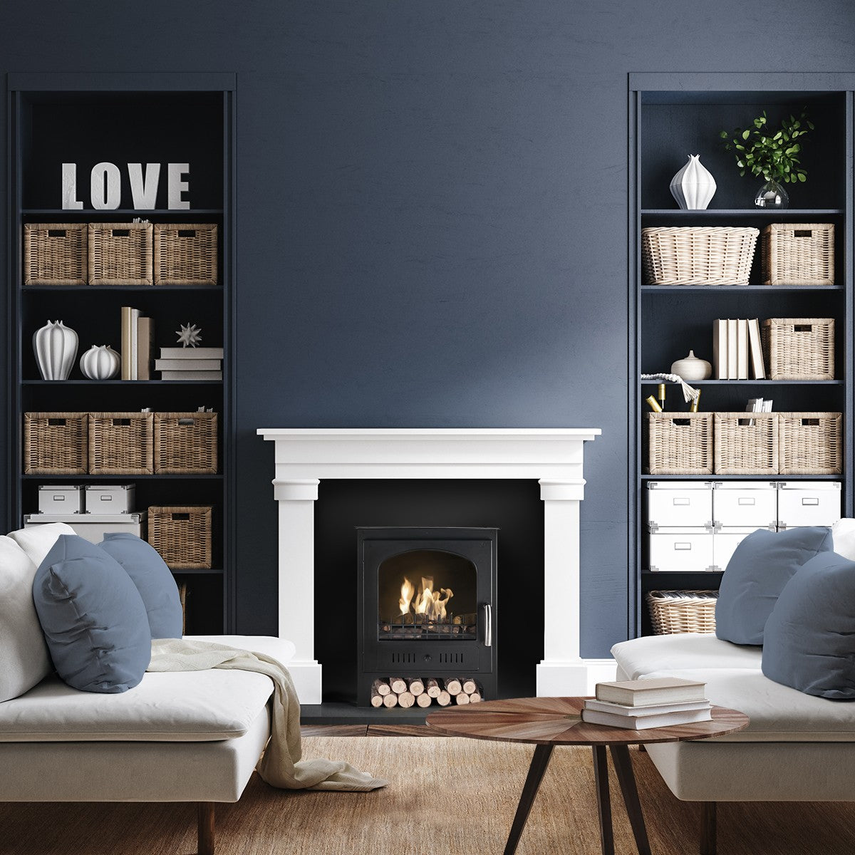 SLIMLINE Black Bioethanol Stove inside pre-existing fireplace with white mantelpiece in living room