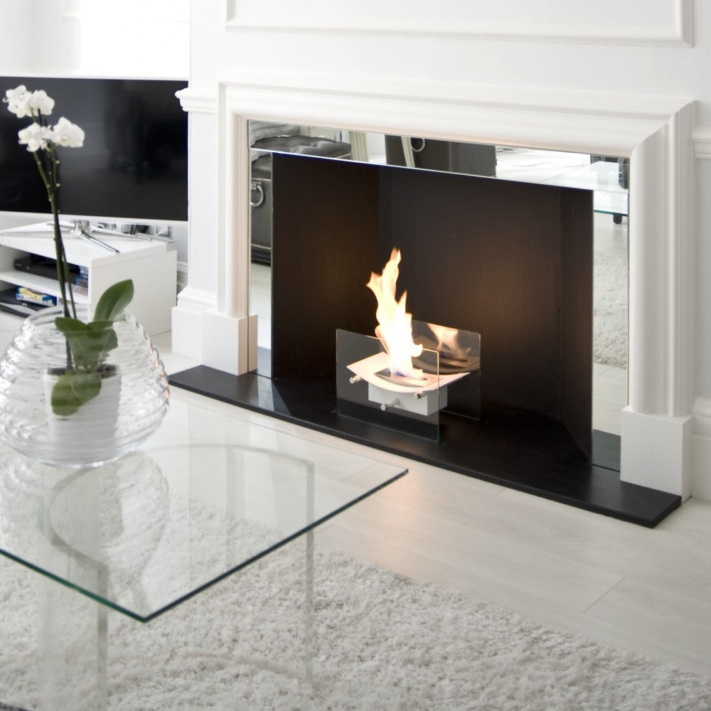 BOW White Bioethanol Burner in fireplace opening with white mantlepiece