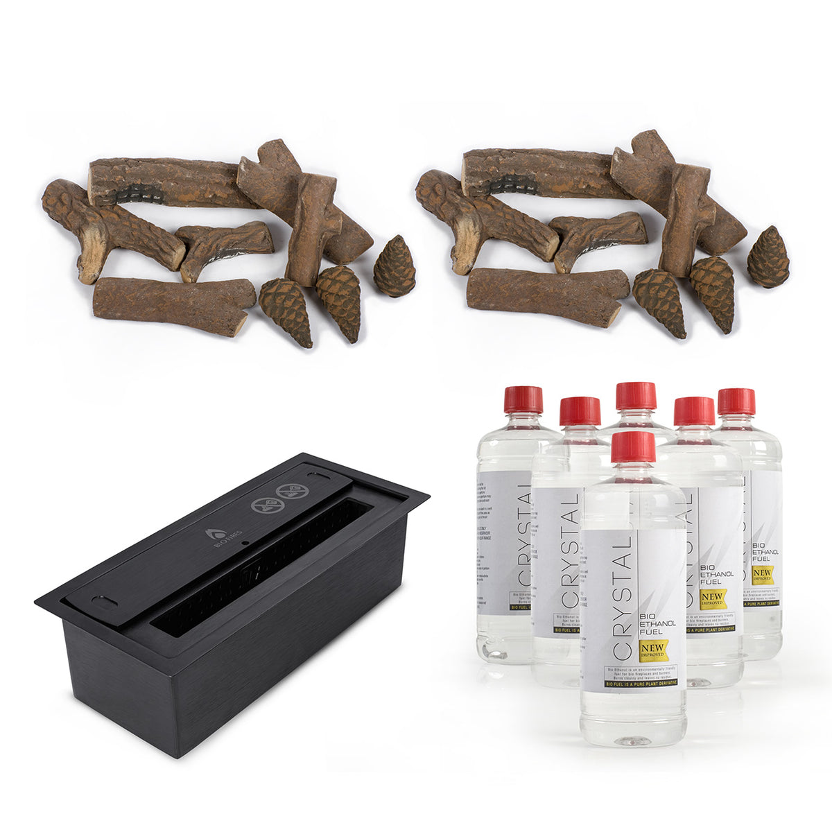 Bundle with Black small burner, two sets of cones and logs, and 6 bottles of fuel