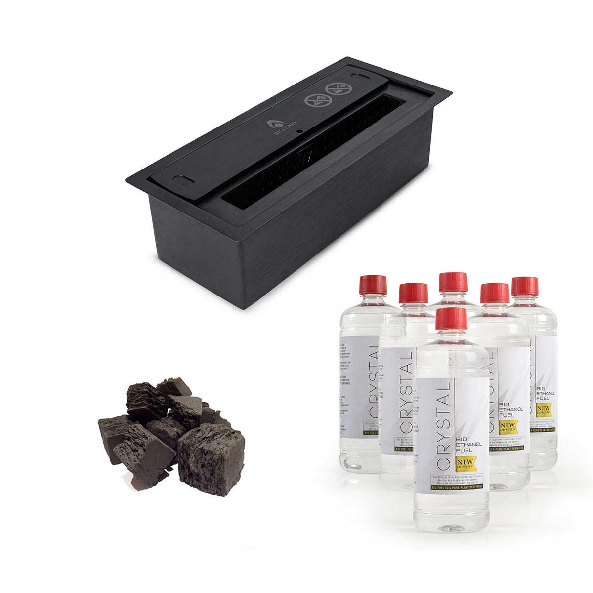Bundle with Black small burner, coals, and 6 bottles of fuel