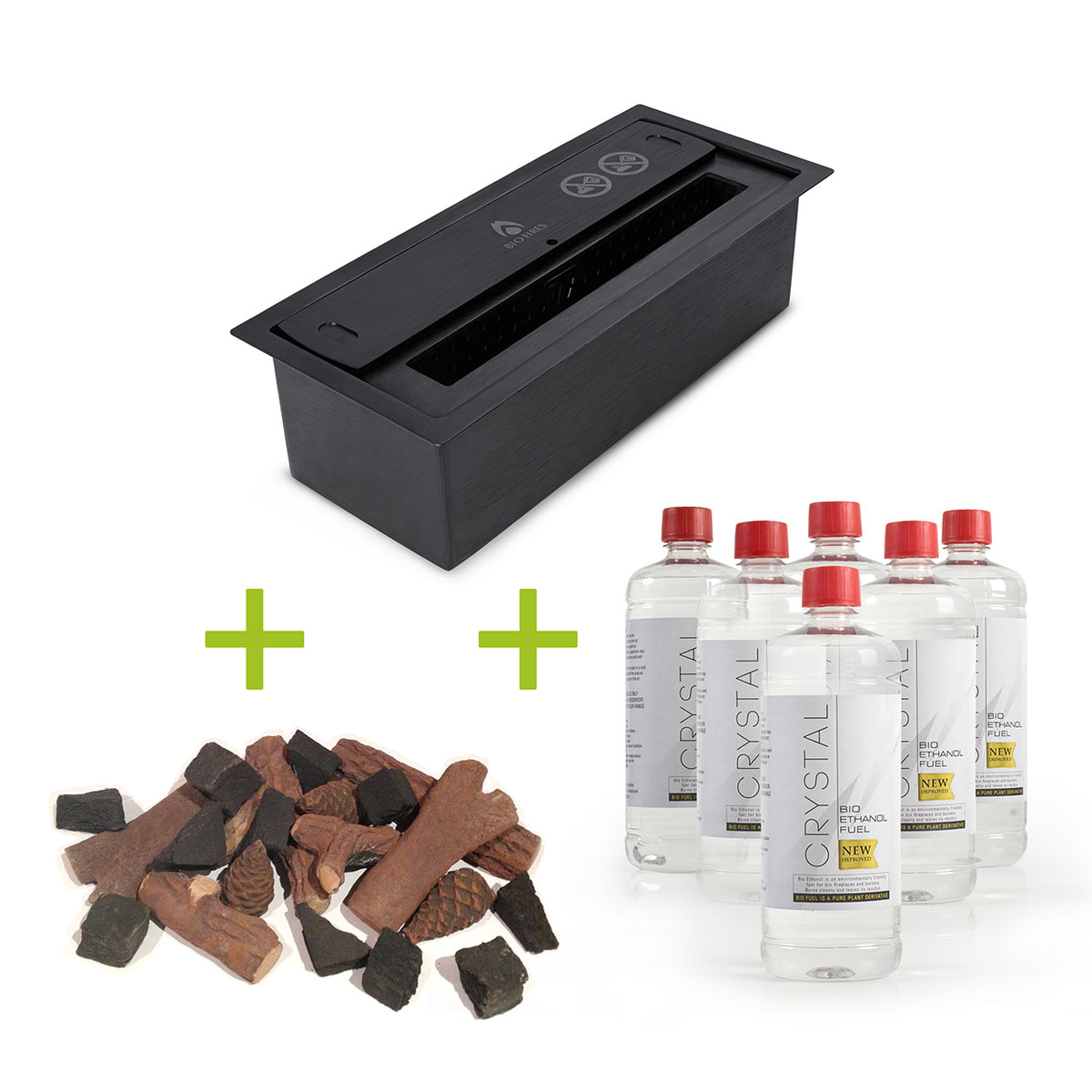 Bundle with Black small burner, set of cones, logs, and coals, plus 6 bottles of fuel