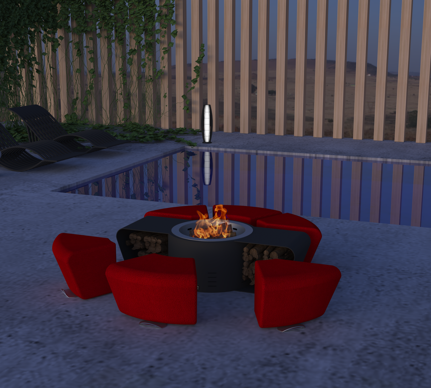 Circus with wood burner and red ottomans. Picture in patio with swimming pool.