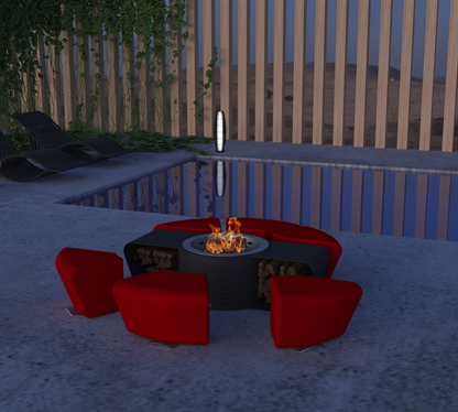 Circus with wood burner and red ottomans. Picture in patio with swimming pool.