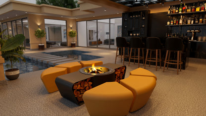 Circus with wood burner and saffron yellow ottomans. Picture in semi open air lounge with bar and swimming pool