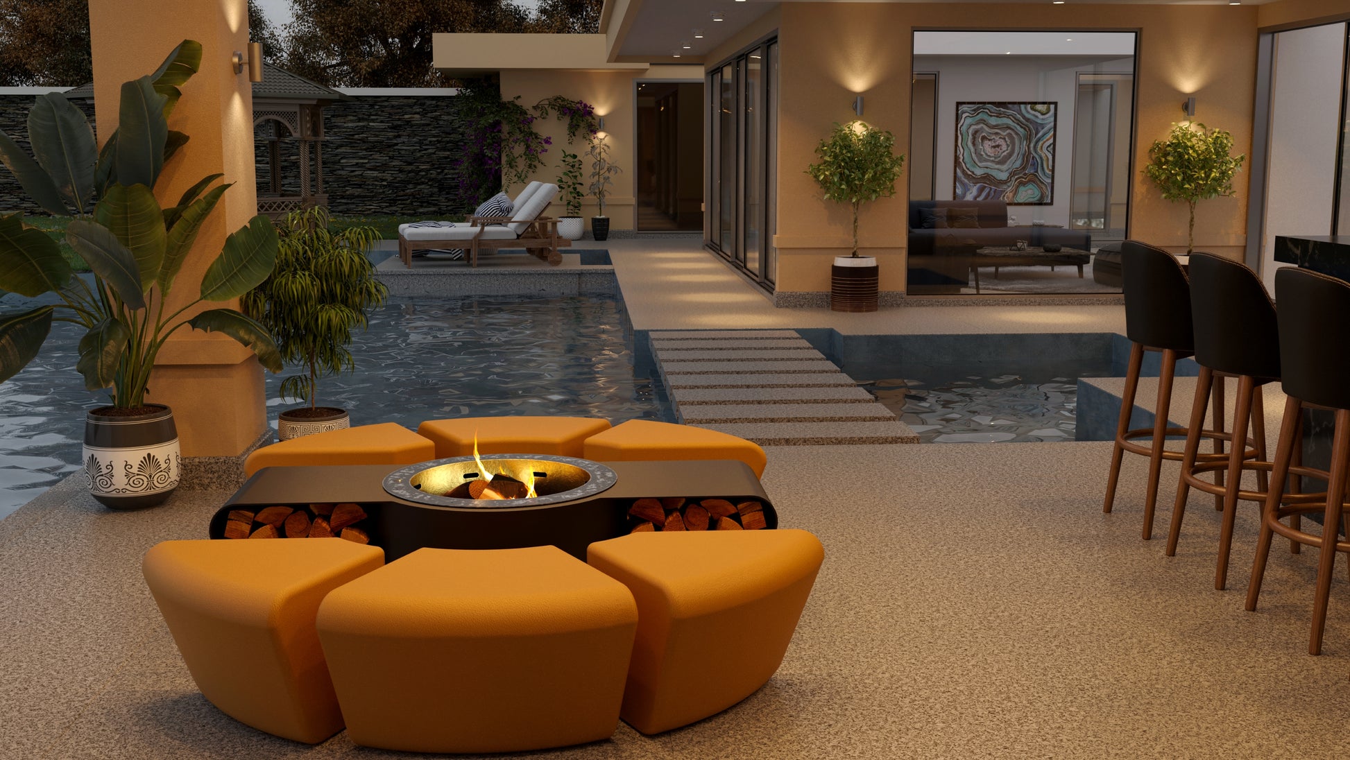 Circus with wood burner and saffron yellow ottomans. Picture in semi open air lounge with bar and swimming pool