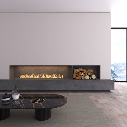 fireplace in modern living room with mountains in the background
