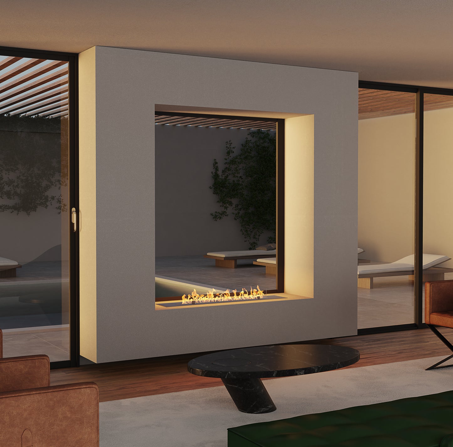 Crea7ionEVOPlus Insert in see-through fireplace between living room and covered swimming pool