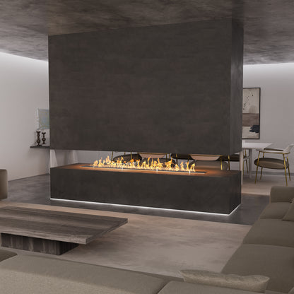 long open island fireplace as room divider between living and dining rooms