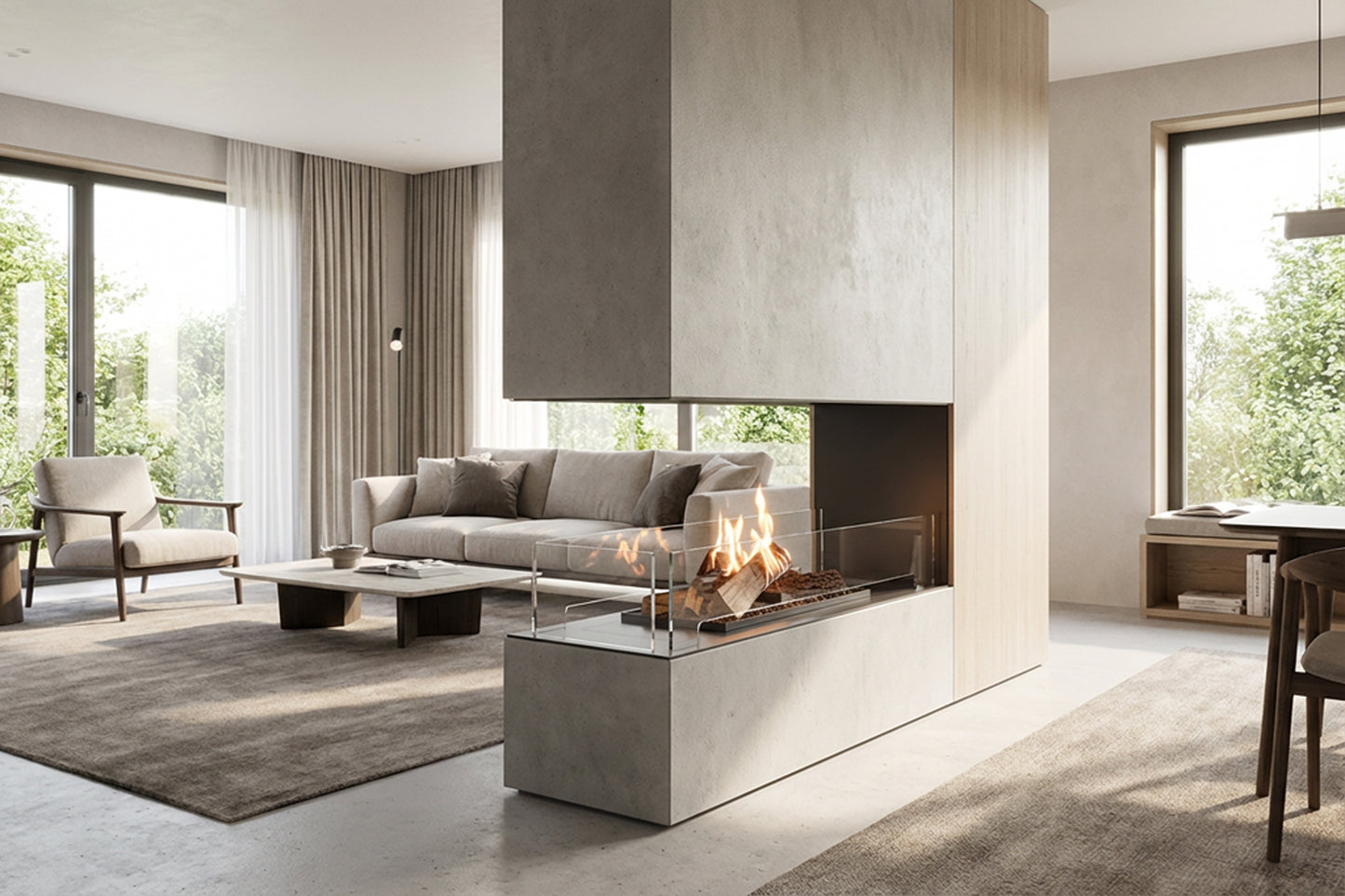 Planika Flogs. Arrangement in room-divider settings between living and dining areas with protection glasses on three sides.