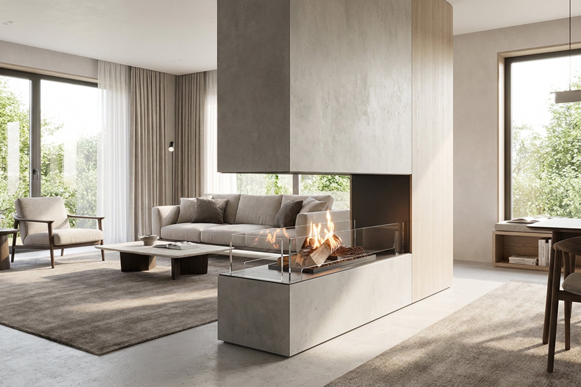 Planika Flogs. Arrangement in room-divider settings between living and dining areas with protection glasses on three sides.