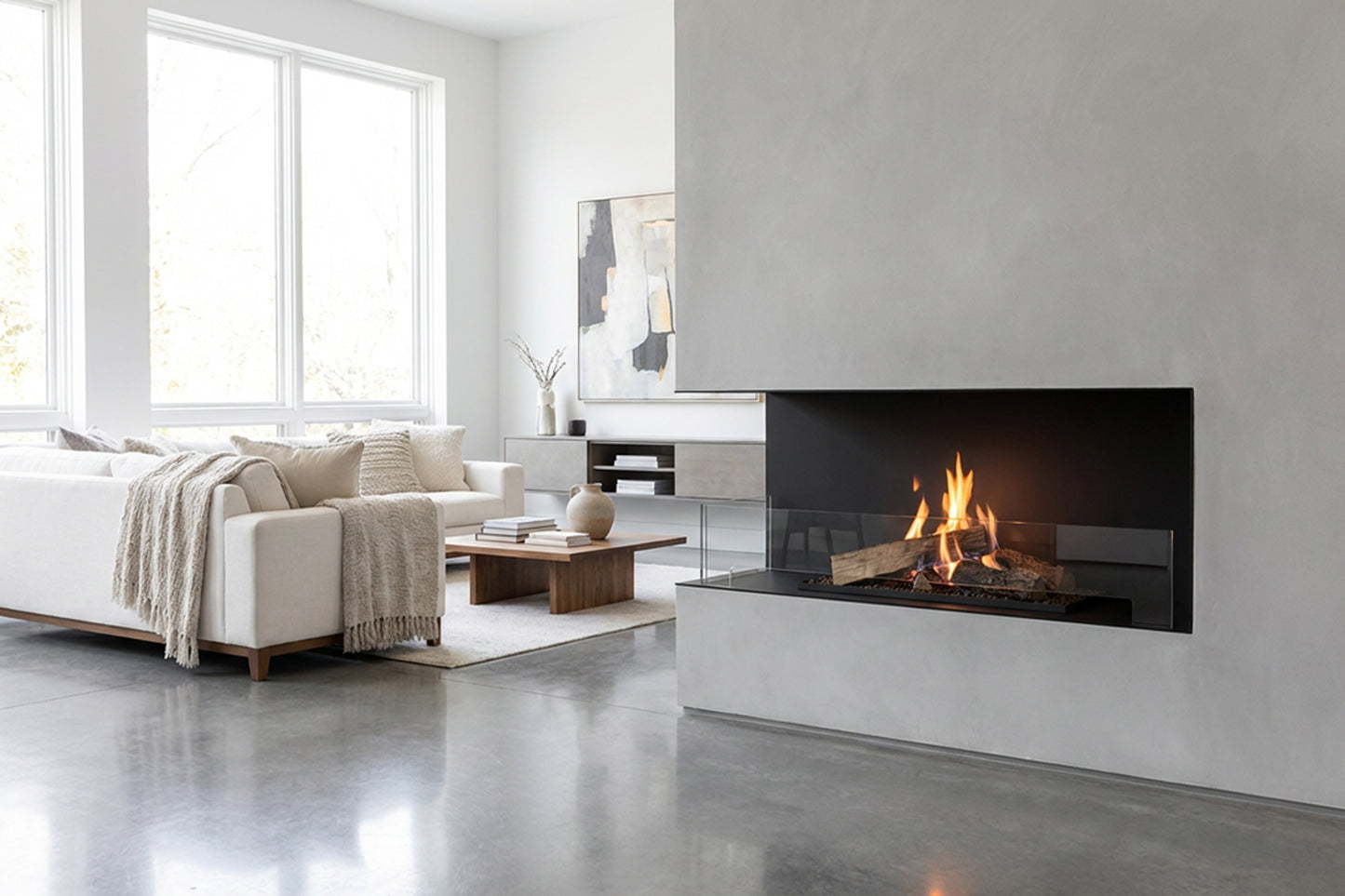 Planika Flogs in living room arranged in  fireplace with open left and front sides, and protection glasses on two sides.