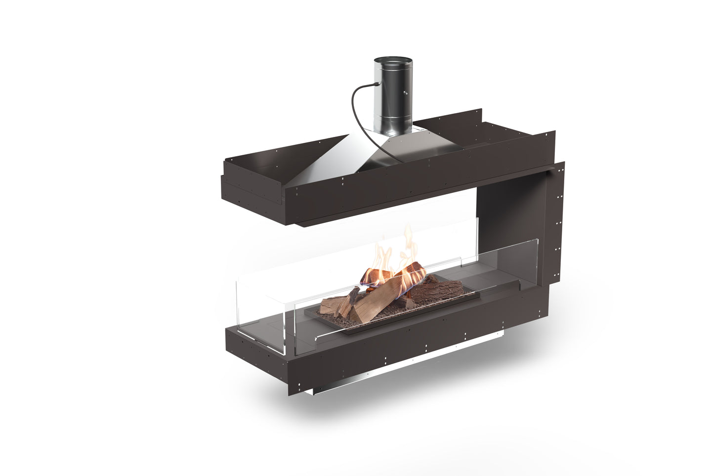 Planika Flogs. Angled image of the burner in room-divider FORMA with extraction pipe, logs, flame, and protection glass screens.