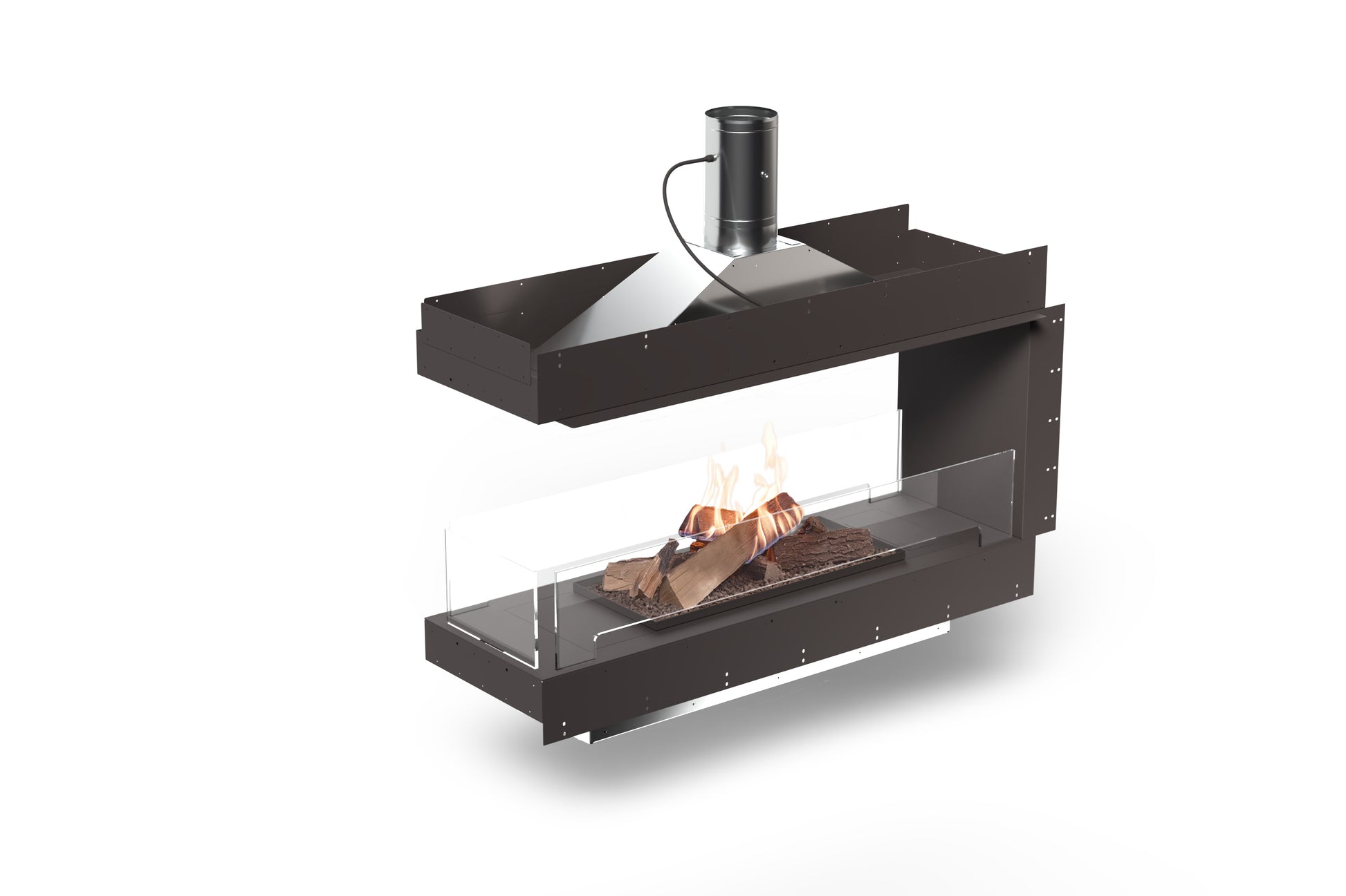 Planika Flogs. Angled image of the burner in room-divider FORMA with extraction pipe, logs, flame, and protection glass screens.