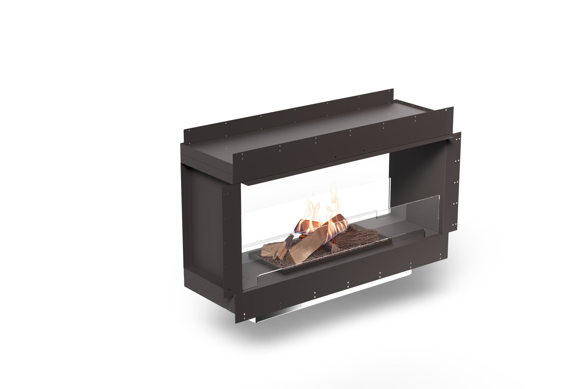 Planika Flogs. Angled image of the burner in FORMA see-through casing with logs, flame, and protection glass screens.