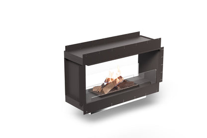 Planika Flogs. Angled image of the burner in FORMA see-through casing with logs, flame, and protection glass screens.