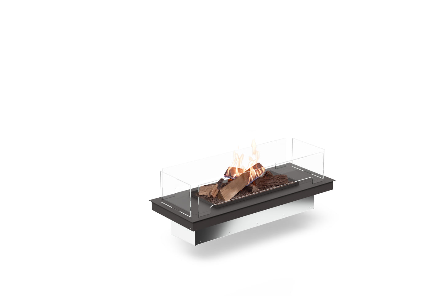 Planika Flogs. Angled image of the burner with logs, flame, and protection glass screens.