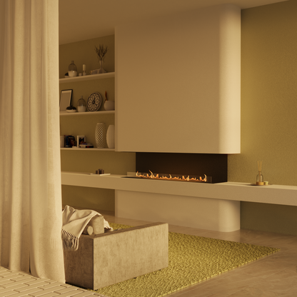 Glammbox with open front and two corner sides. Fireplace in modern living room
