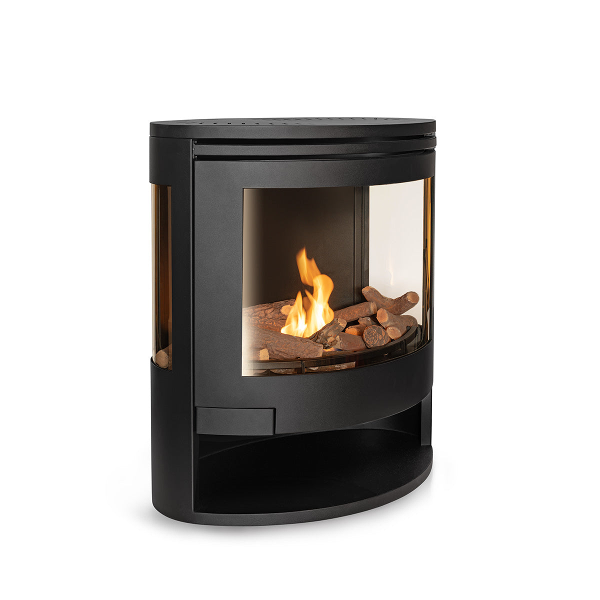 Oval Bioethanol Stove angled picture with logs and flame