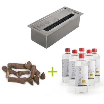 Small silver burner with Log and cone set and 6 bottles of fuel