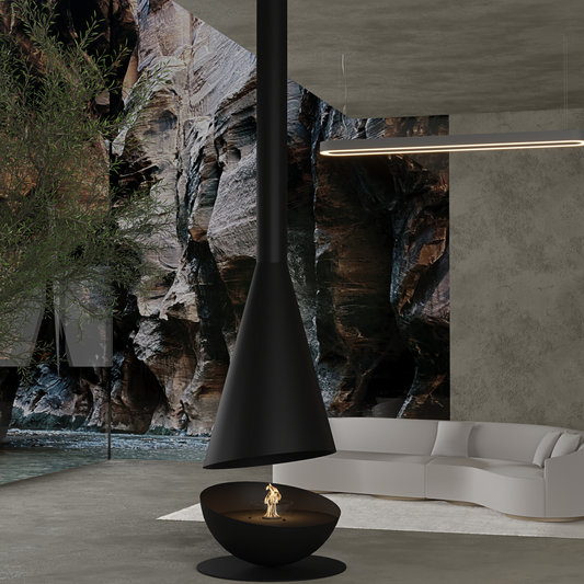THALES Bioethanol Fireplace in modern living room with suggestive background with rocks and river 