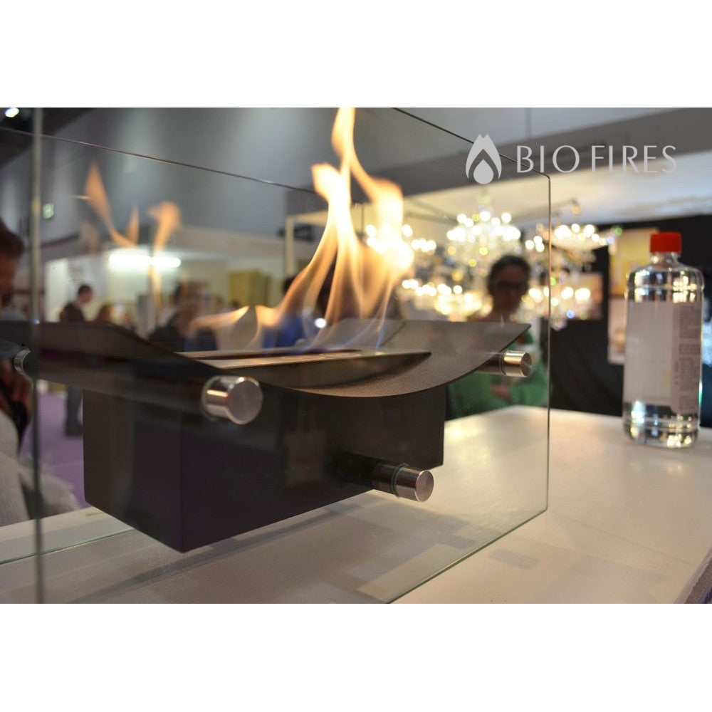 BOW Black Bioethanol Burner lit on a shelf