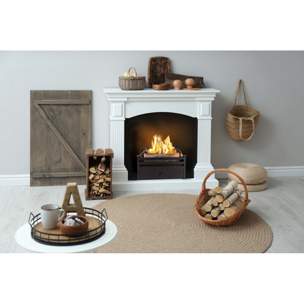 WINDSOR Black Traditional Bioethanol Grate with white mantelpiece